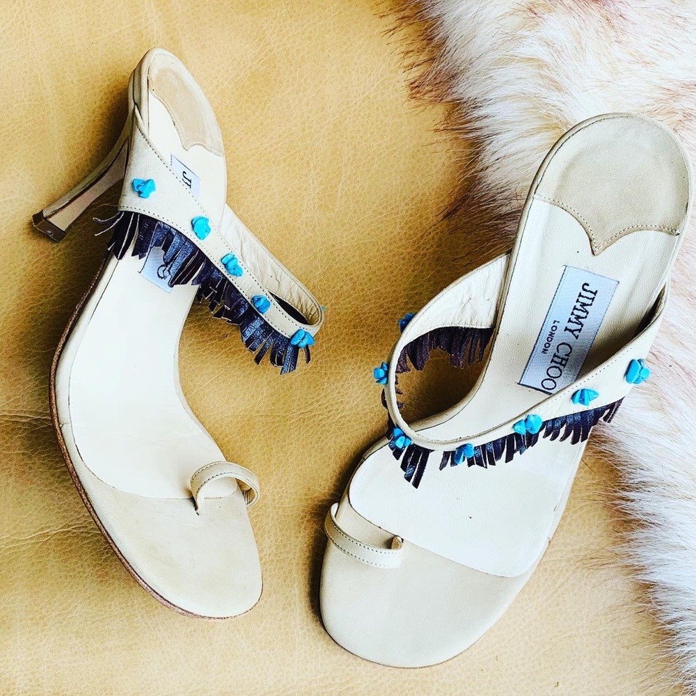 Jimmy Choo Beige Leather Heeled Mules with Turquoise Accents